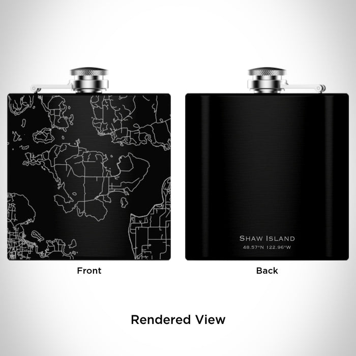 Rendered View of Shaw Island Washington Map Engraving on 6oz Stainless Steel Flask in Black