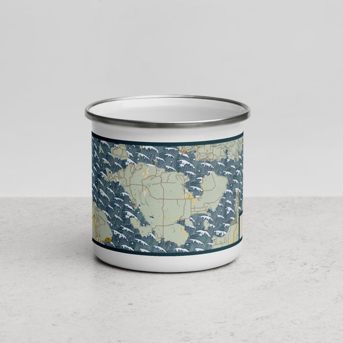 Front View Custom Shaw Island Washington Map Enamel Mug in Woodblock
