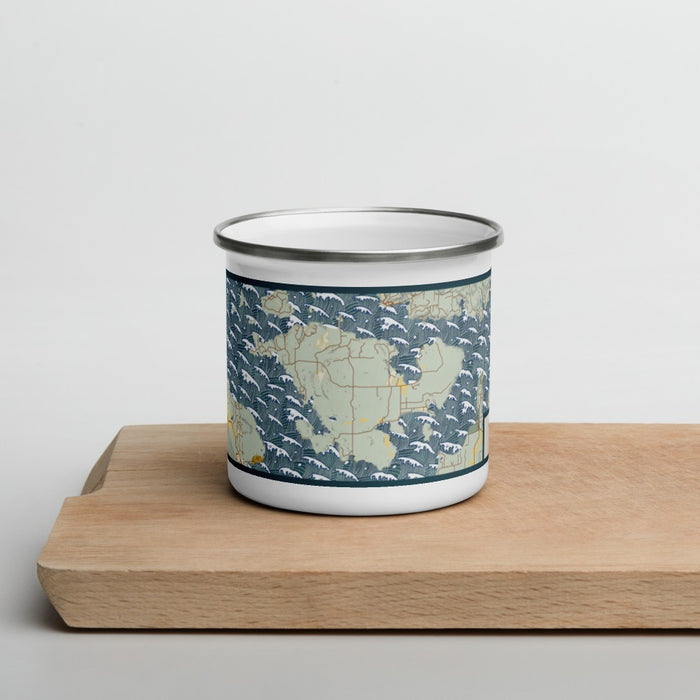 Front View Custom Shaw Island Washington Map Enamel Mug in Woodblock on Cutting Board