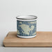 Front View Custom Shaw Island Washington Map Enamel Mug in Woodblock on Cutting Board