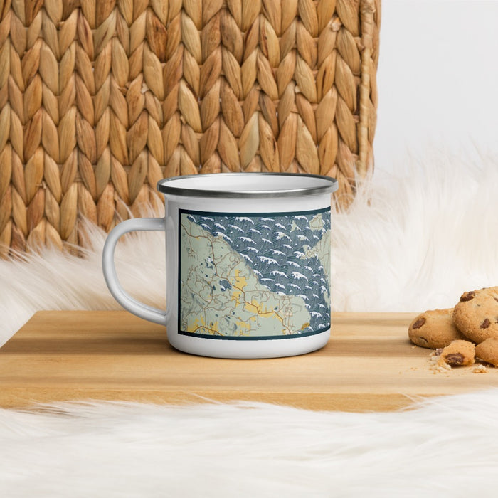 Left View Custom Shaw Island Washington Map Enamel Mug in Woodblock on Table Top