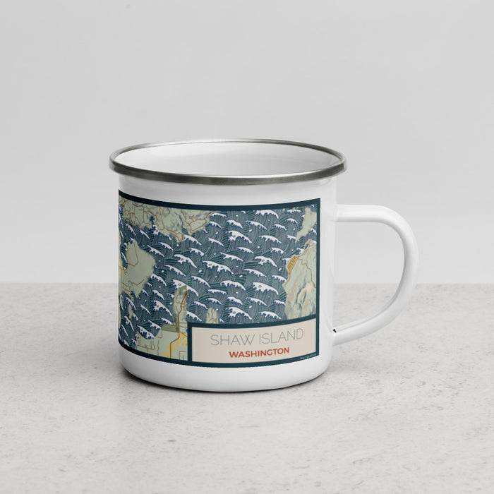Right View Custom Shaw Island Washington Map Enamel Mug in Woodblock