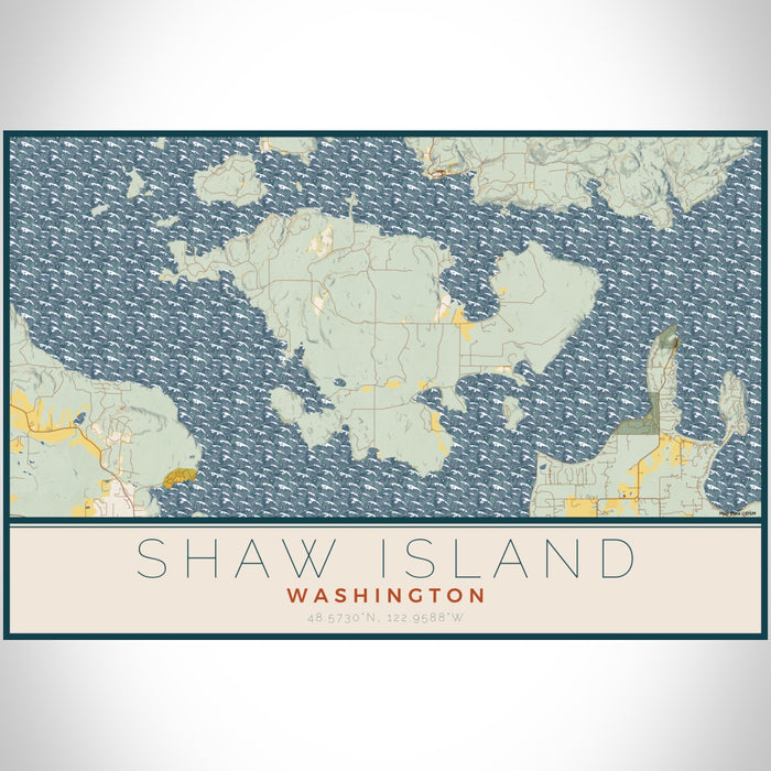Shaw Island Washington Map Print Landscape Orientation in Woodblock Style With Shaded Background