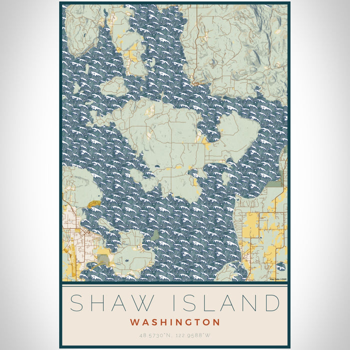 Shaw Island Washington Map Print Portrait Orientation in Woodblock Style With Shaded Background