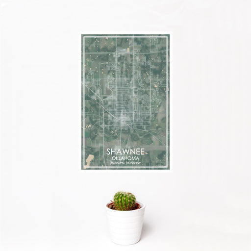 12x18 Shawnee Oklahoma Map Print Portrait Orientation in Afternoon Style With Small Cactus Plant in White Planter