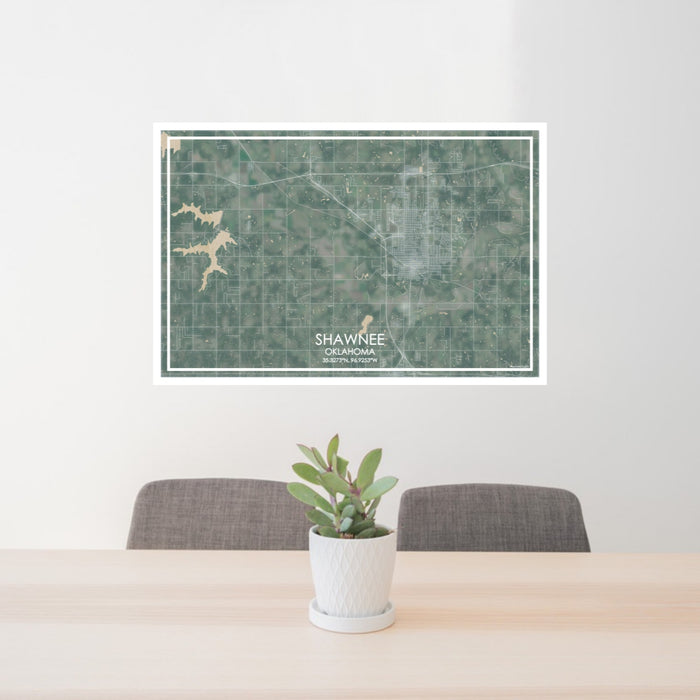 24x36 Shawnee Oklahoma Map Print Lanscape Orientation in Afternoon Style Behind 2 Chairs Table and Potted Plant
