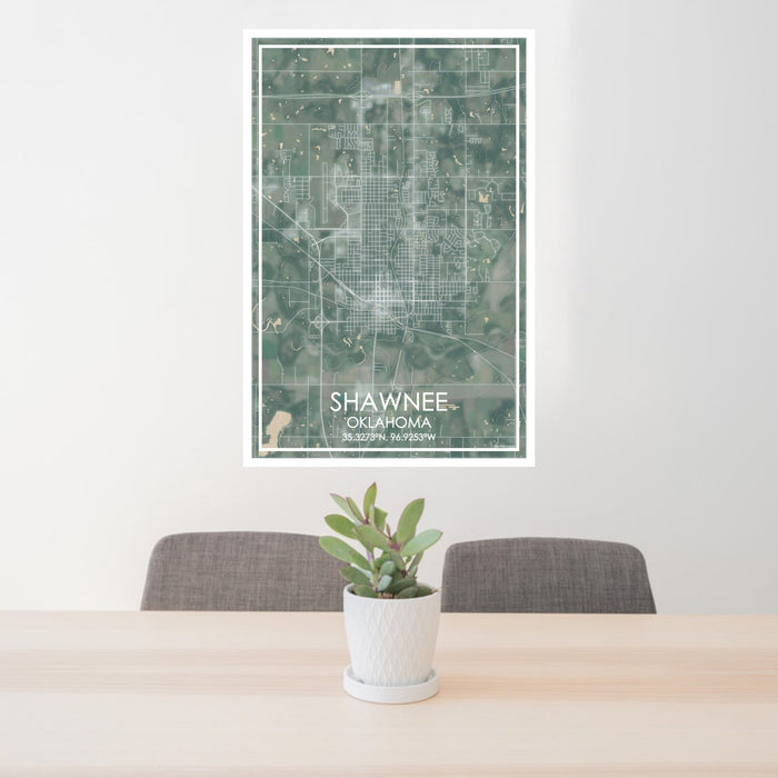 24x36 Shawnee Oklahoma Map Print Portrait Orientation in Afternoon Style Behind 2 Chairs Table and Potted Plant