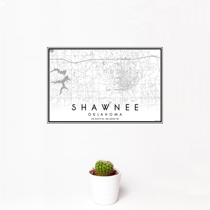 12x18 Shawnee Oklahoma Map Print Landscape Orientation in Classic Style With Small Cactus Plant in White Planter