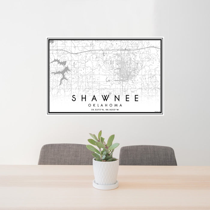 24x36 Shawnee Oklahoma Map Print Landscape Orientation in Classic Style Behind 2 Chairs Table and Potted Plant