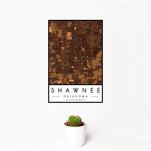 12x18 Shawnee Oklahoma Map Print Portrait Orientation in Ember Style With Small Cactus Plant in White Planter