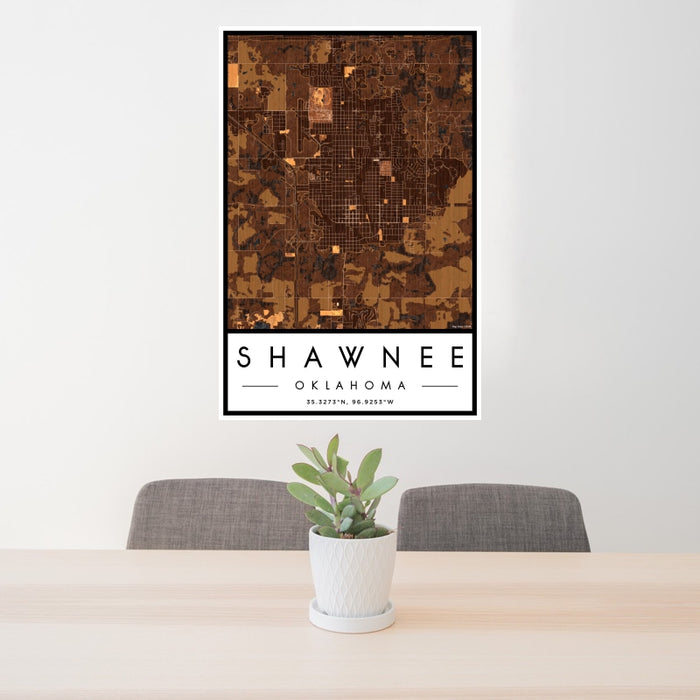 24x36 Shawnee Oklahoma Map Print Portrait Orientation in Ember Style Behind 2 Chairs Table and Potted Plant