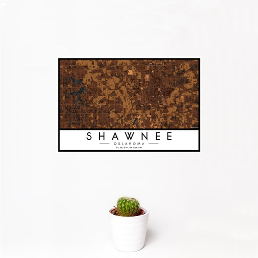 12x18 Shawnee Oklahoma Map Print Landscape Orientation in Ember Style With Small Cactus Plant in White Planter