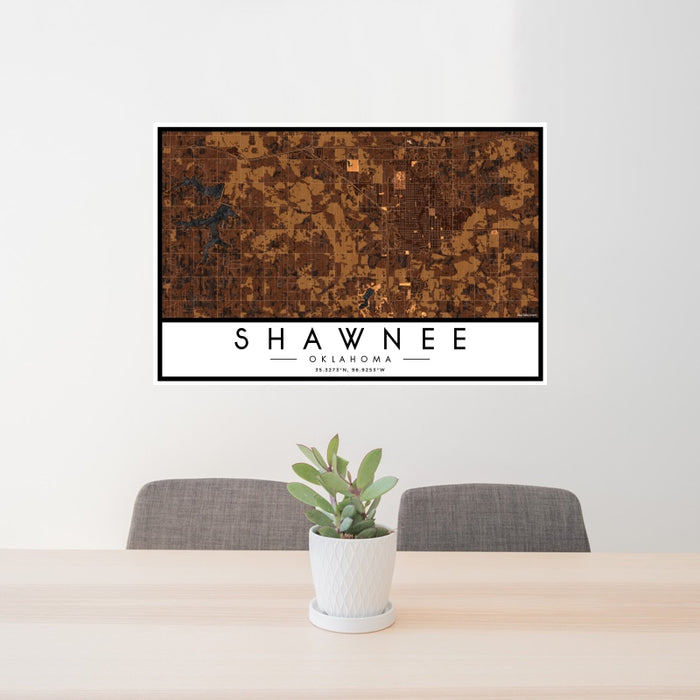 24x36 Shawnee Oklahoma Map Print Landscape Orientation in Ember Style Behind 2 Chairs Table and Potted Plant