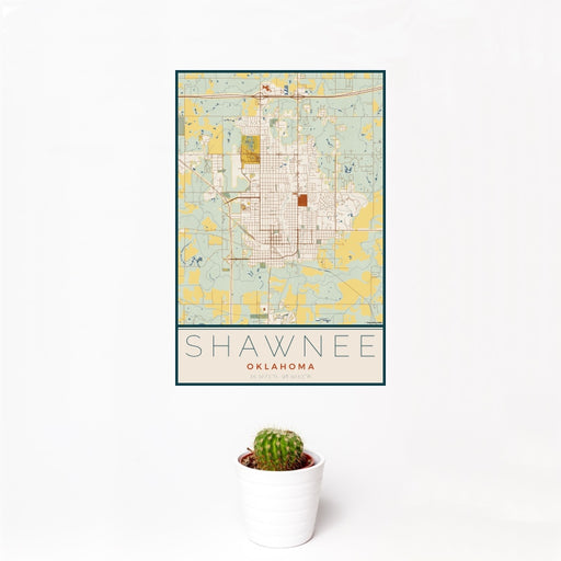 12x18 Shawnee Oklahoma Map Print Portrait Orientation in Woodblock Style With Small Cactus Plant in White Planter
