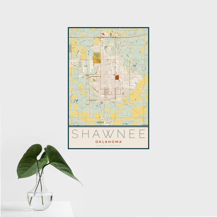 16x24 Shawnee Oklahoma Map Print Portrait Orientation in Woodblock Style With Tropical Plant Leaves in Water