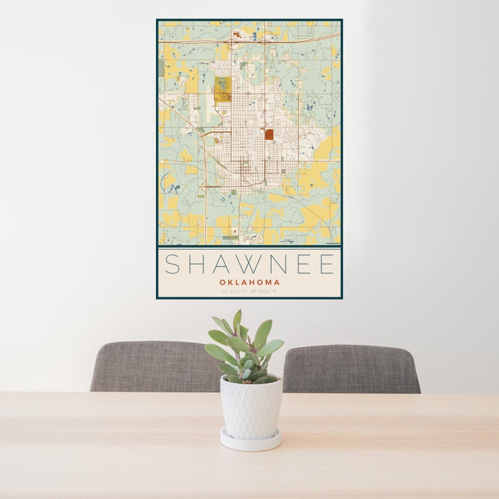 24x36 Shawnee Oklahoma Map Print Portrait Orientation in Woodblock Style Behind 2 Chairs Table and Potted Plant