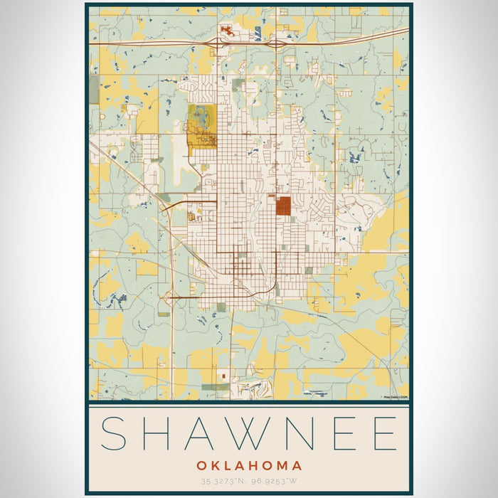 Shawnee Oklahoma Map Print Portrait Orientation in Woodblock Style With Shaded Background