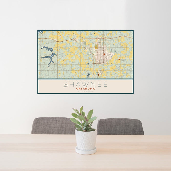 24x36 Shawnee Oklahoma Map Print Landscape Orientation in Woodblock Style Behind 2 Chairs Table and Potted Plant