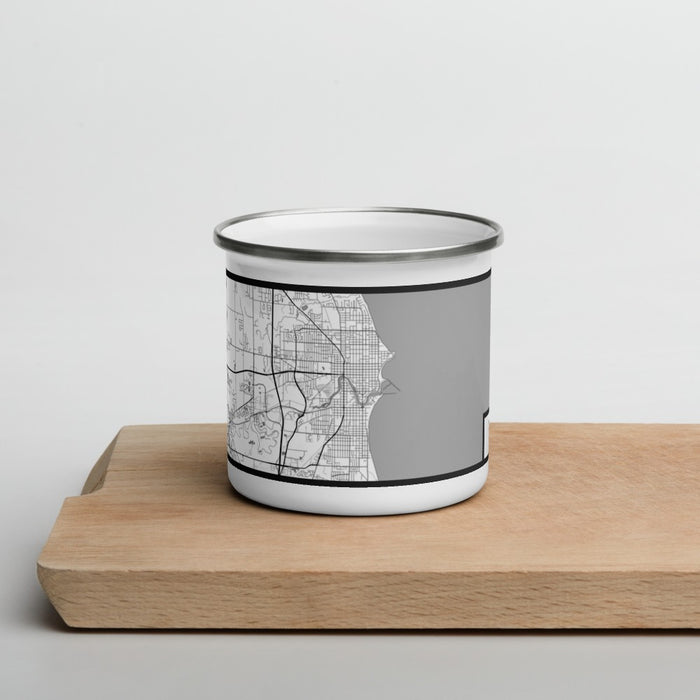 Front View Custom Sheboygan Wisconsin Map Enamel Mug in Classic on Cutting Board