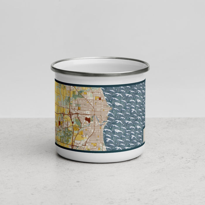 Front View Custom Sheboygan Wisconsin Map Enamel Mug in Woodblock