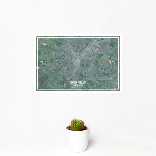 12x18 Sheffield England Map Print Landscape Orientation in Afternoon Style With Small Cactus Plant in White Planter