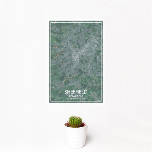 12x18 Sheffield England Map Print Portrait Orientation in Afternoon Style With Small Cactus Plant in White Planter