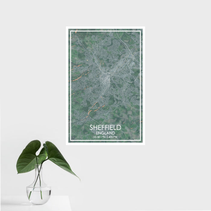 16x24 Sheffield England Map Print Portrait Orientation in Afternoon Style With Tropical Plant Leaves in Water
