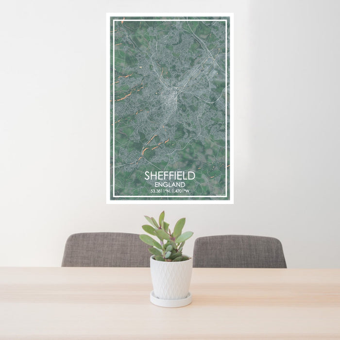 24x36 Sheffield England Map Print Portrait Orientation in Afternoon Style Behind 2 Chairs Table and Potted Plant