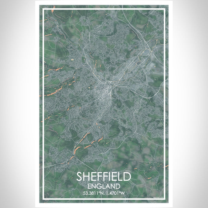 Sheffield England Map Print Portrait Orientation in Afternoon Style With Shaded Background
