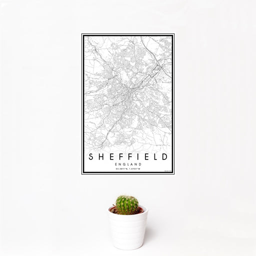 12x18 Sheffield England Map Print Portrait Orientation in Classic Style With Small Cactus Plant in White Planter