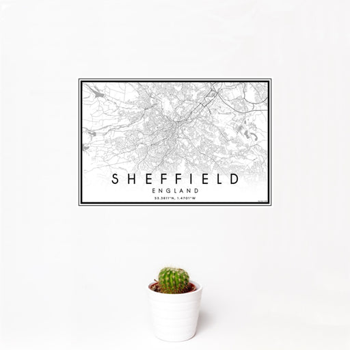 12x18 Sheffield England Map Print Landscape Orientation in Classic Style With Small Cactus Plant in White Planter