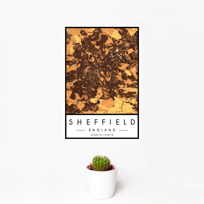 12x18 Sheffield England Map Print Portrait Orientation in Ember Style With Small Cactus Plant in White Planter