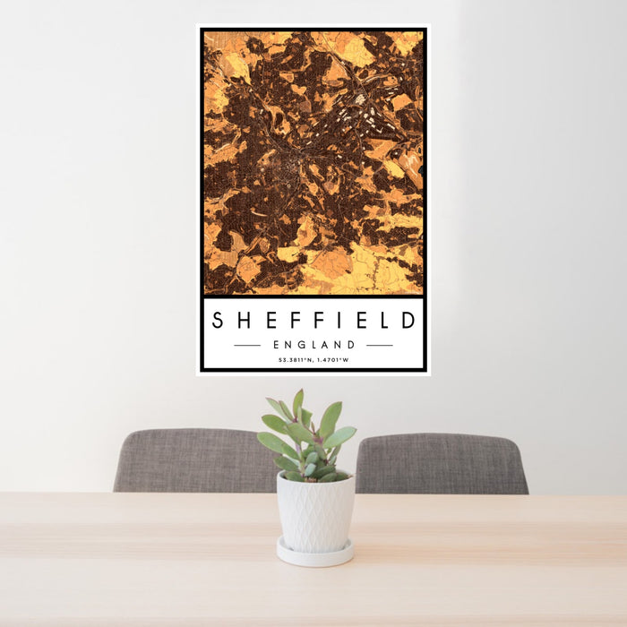 24x36 Sheffield England Map Print Portrait Orientation in Ember Style Behind 2 Chairs Table and Potted Plant