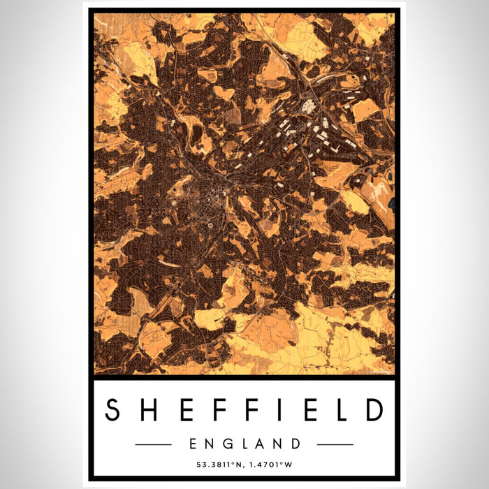 Sheffield England Map Print Portrait Orientation in Ember Style With Shaded Background