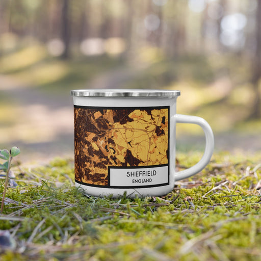 Right View Custom Sheffield England Map Enamel Mug in Ember on Grass With Trees in Background