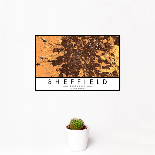 12x18 Sheffield England Map Print Landscape Orientation in Ember Style With Small Cactus Plant in White Planter