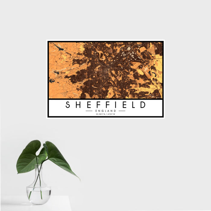 16x24 Sheffield England Map Print Landscape Orientation in Ember Style With Tropical Plant Leaves in Water