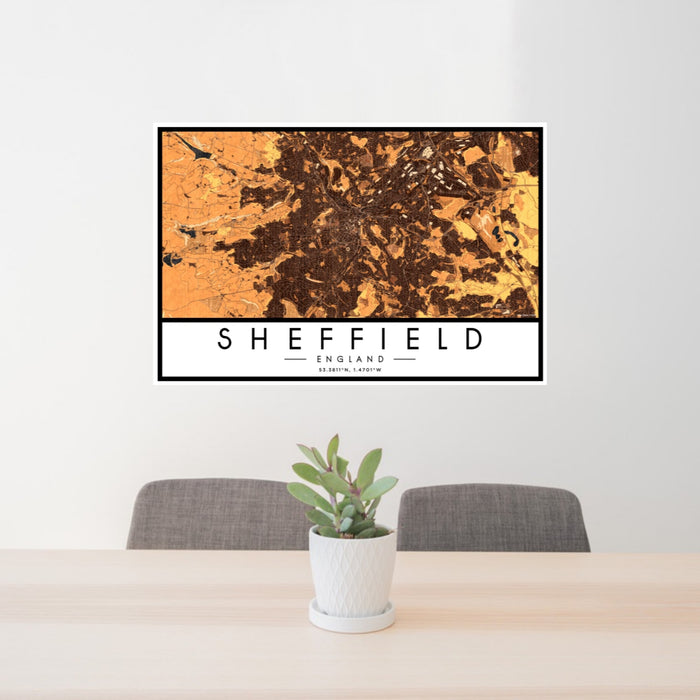 24x36 Sheffield England Map Print Landscape Orientation in Ember Style Behind 2 Chairs Table and Potted Plant