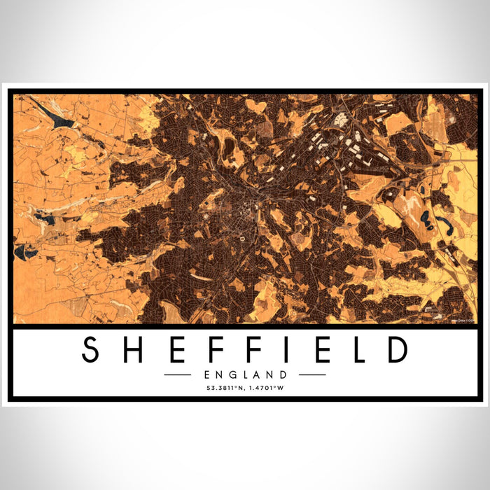 Sheffield England Map Print Landscape Orientation in Ember Style With Shaded Background