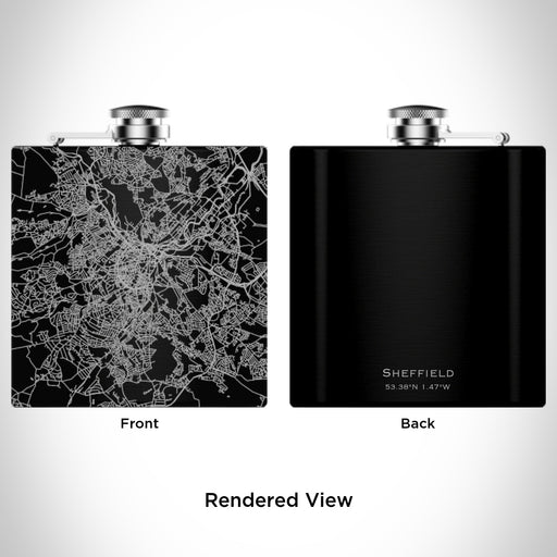 Rendered View of Sheffield England Map Engraving on 6oz Stainless Steel Flask in Black