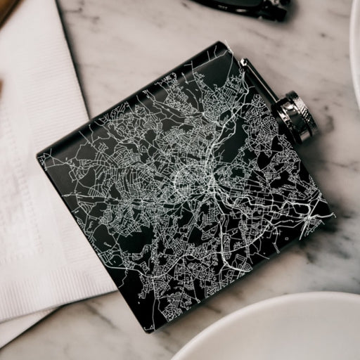 Sheffield England Custom Engraved City Map Inscription Coordinates on 6oz Stainless Steel Flask in Black