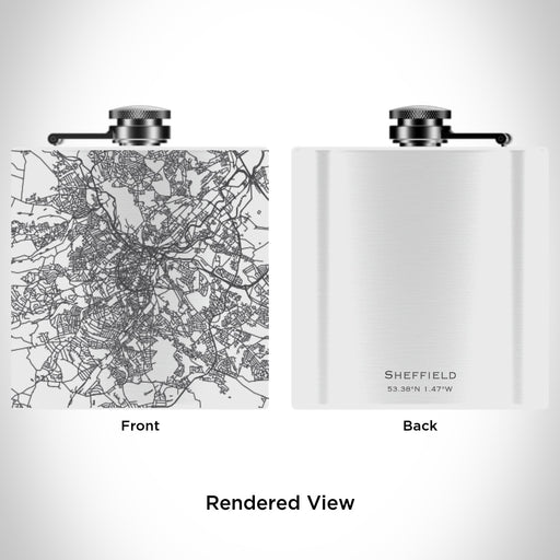 Rendered View of Sheffield England Map Engraving on 6oz Stainless Steel Flask in White