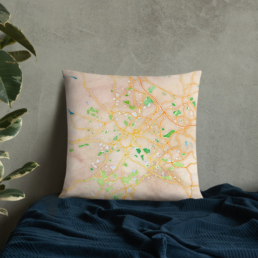 Custom Sheffield England Map Throw Pillow in Watercolor on Bedding Against Wall