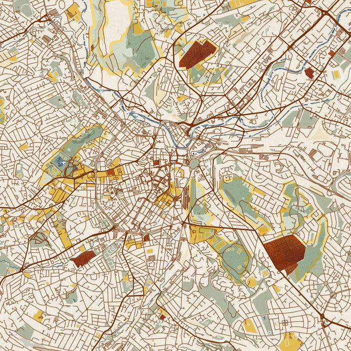 Sheffield England Map Print in Woodblock Style Zoomed In Close Up Showing Details