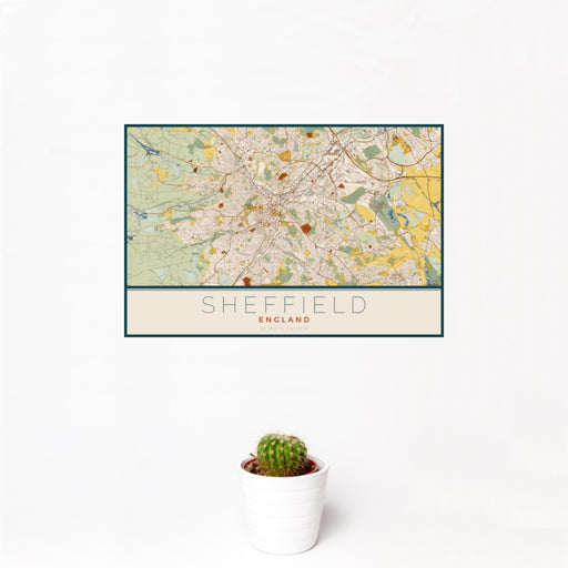 12x18 Sheffield England Map Print Landscape Orientation in Woodblock Style With Small Cactus Plant in White Planter
