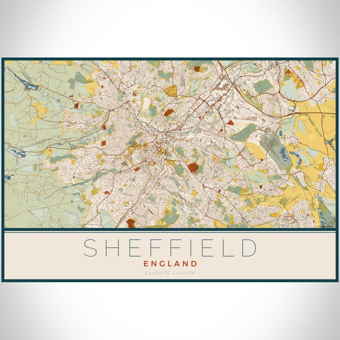 Sheffield England Map Print Landscape Orientation in Woodblock Style With Shaded Background