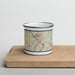 Front View Custom Shelton Connecticut Map Enamel Mug in Woodblock on Cutting Board
