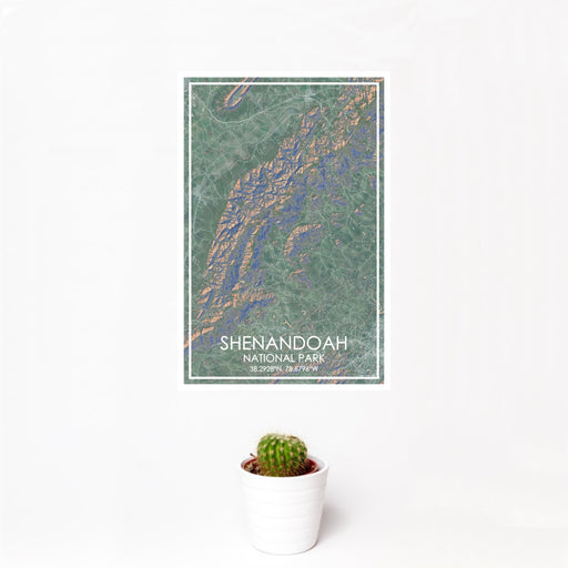 12x18 Shenandoah National Park Map Print Portrait Orientation in Afternoon Style With Small Cactus Plant in White Planter