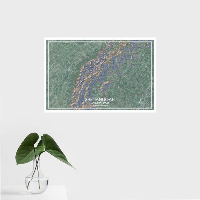 16x24 Shenandoah National Park Map Print Landscape Orientation in Afternoon Style With Tropical Plant Leaves in Water