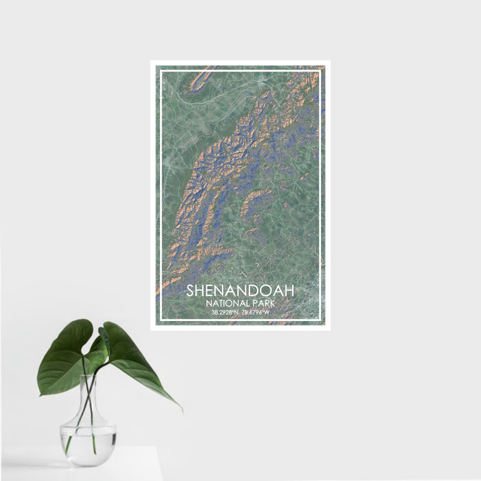 16x24 Shenandoah National Park Map Print Portrait Orientation in Afternoon Style With Tropical Plant Leaves in Water